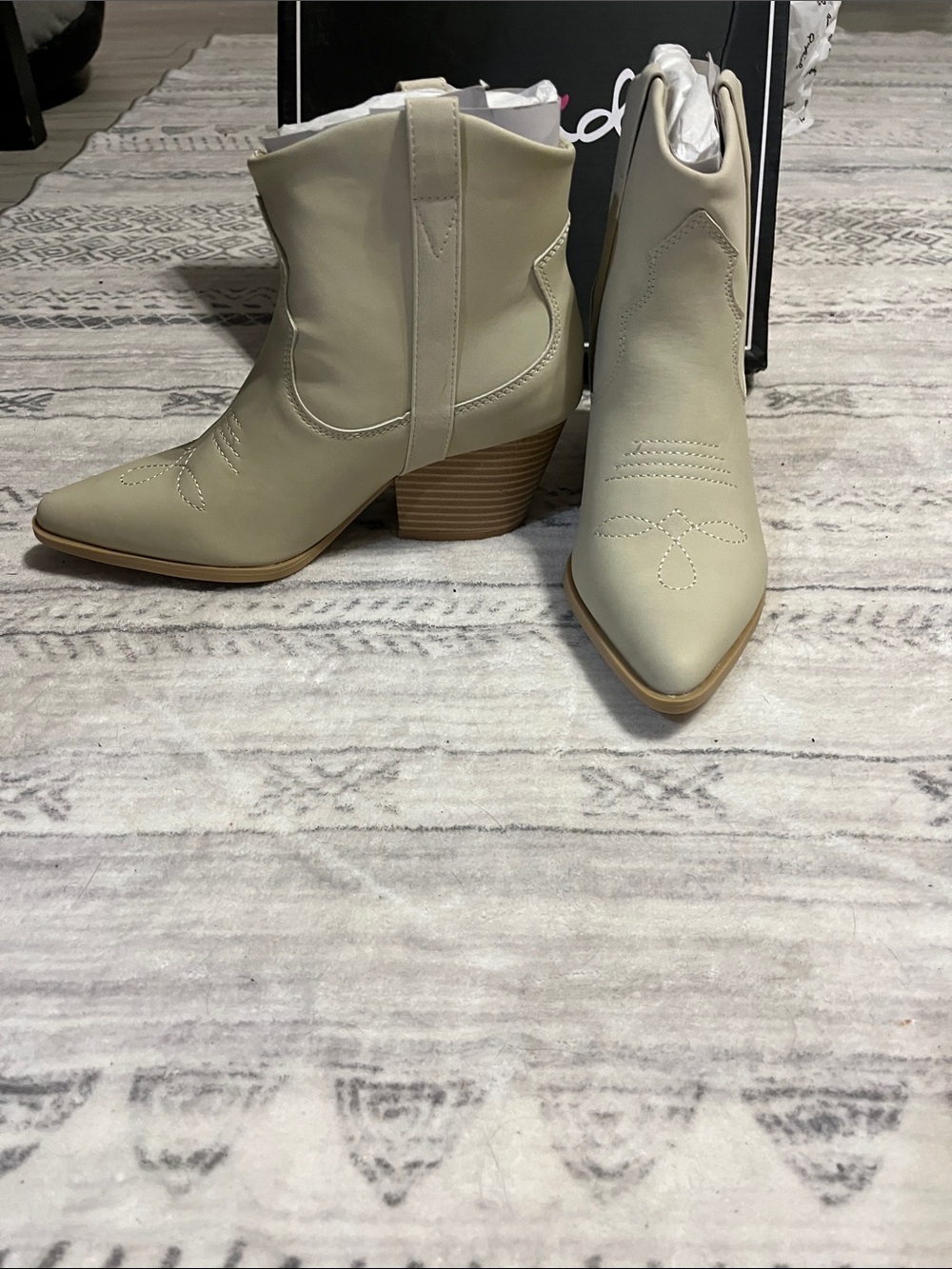 Qupid Cream Western Ankle Booties with Stacked Heel